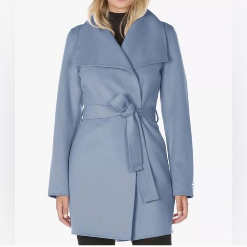 Tahari Ellie Handmade Blue Winter Wool Dressy Wrap Coat Outerwear Belted L